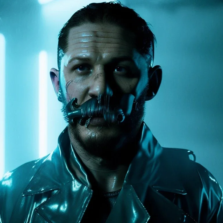 Actor, tom hardy, blade runner style, rain, fog, neon ambient, gradient color, clean skin, circuits, latex coat, cyber punk, neon, tubes, portrait, studio photo, unreal engine 5, smooth color, 16 bit, god lights, ray tracing, RTX, lumen lighting, ultra deatail, volumetric lighting, 3d, finely drawn, hd.