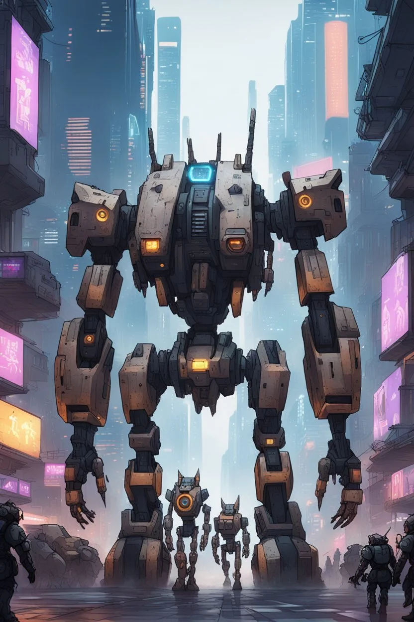 huge mechs walking through cyberpunk city full of cyber cats that looks high tech but primitive like neanderthals