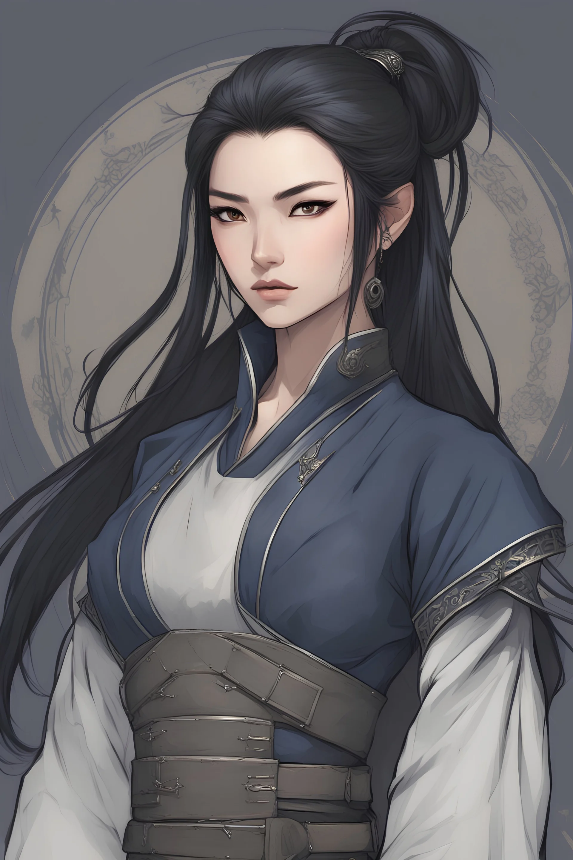 asian female warrior mage with long black hair that was pulled back behind her head in a loose ponytail . The dark hair contrasted and complimented her soft facial features. Below her left eye there is a tattoo of fine lined design that looks like a solid line. She had a fashionable yet practical jacket of a midnight blue overtop a silver steel chest plate and underneath it all a modern cut of mage robes the color of cream with ornate blue edging.Made with a pathfinder kingmaker art style