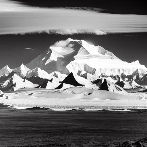 Ansel adams Majestic black & white Photo of denali in alaska, hyper realistic, zone system, even tones, rich gradients, dramatic lighting, 4k, volumetric, clouds, majestic