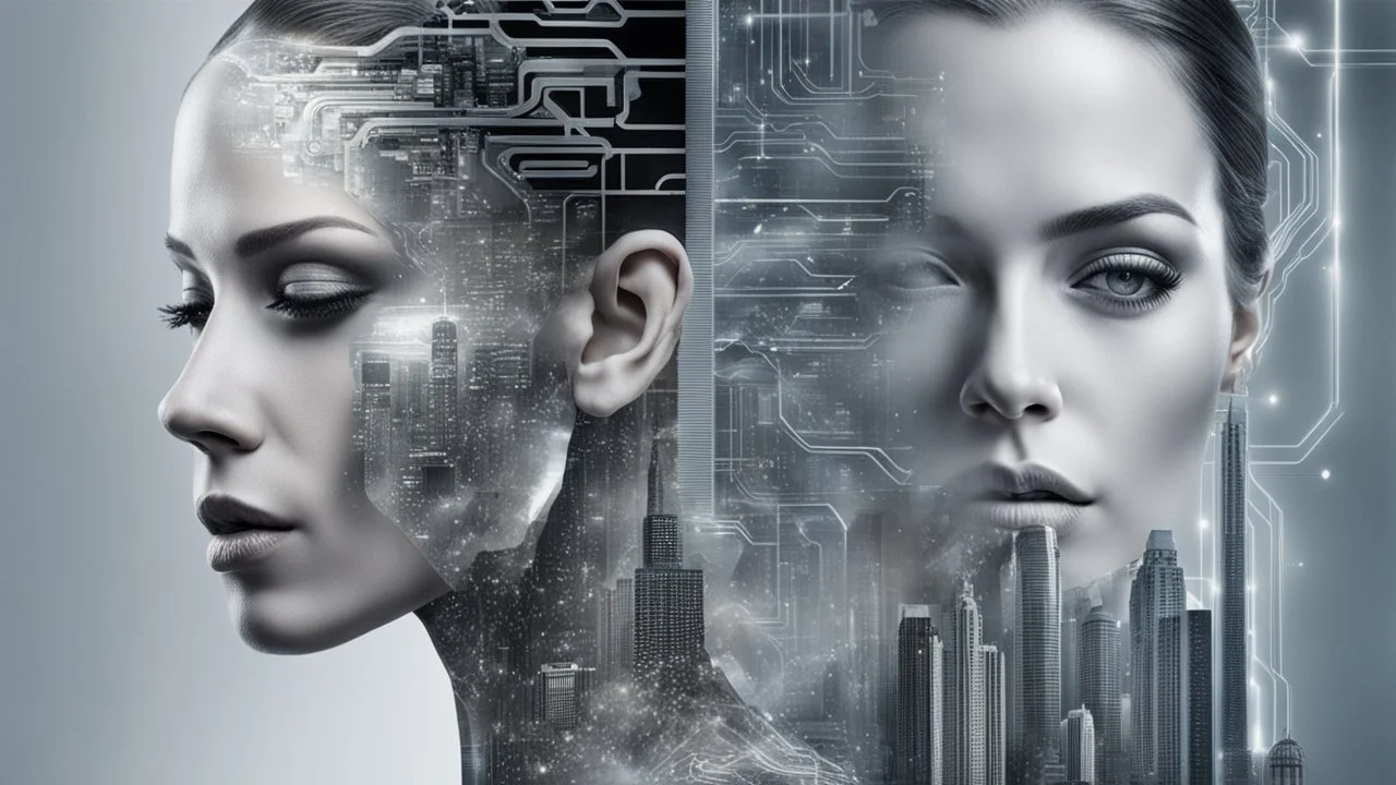 Double Exposure collage portrait of android-human transparent woman face, microchip pattern, cyberpunk, higtech city, skyline, silver sky background, cold, silver, grey, dark colors, futuristic mood, utopistic, high detailed