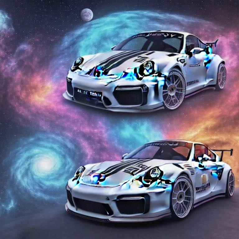 God like, extremely detailed Porsche style car (Centered on image), moving on a silk road through the galaxy, symetrical, HD, 4k, 8k, Photo realistic, neon glow, Power colors