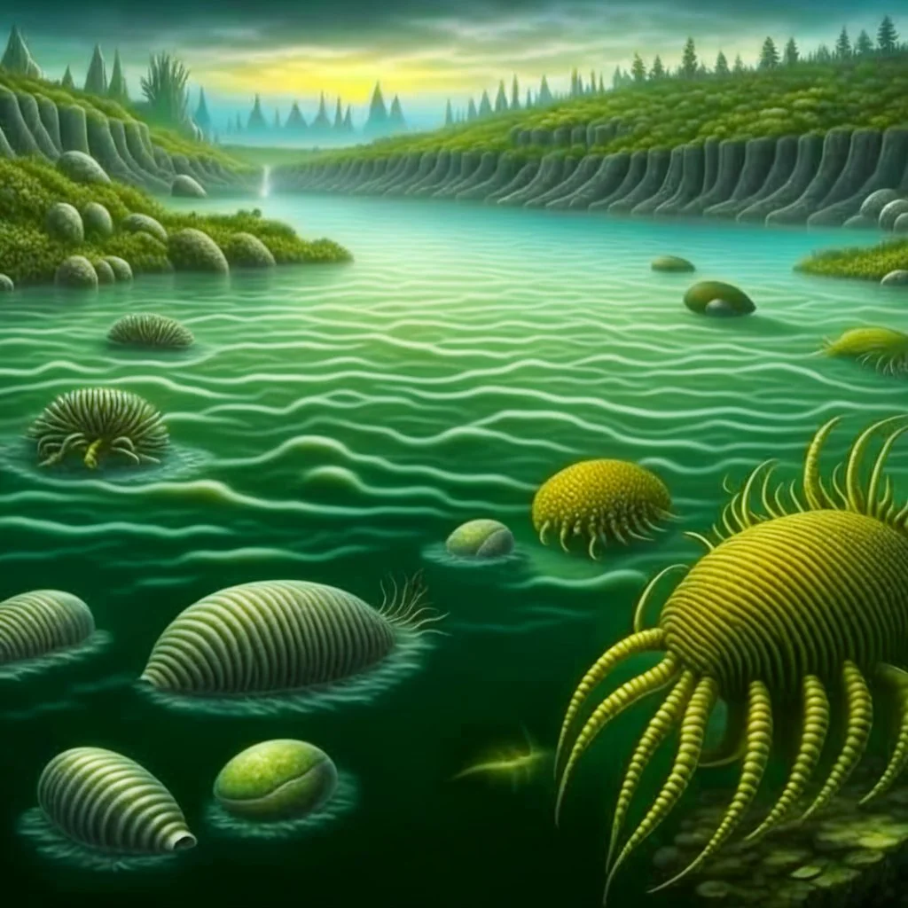 During the Cambrian era, around 541 million years ago, vast shallow seas dominated the landscape. Strange marine life, such as trilobites and early arthropods, flourished in these ancient waters, creating a diverse and unique ecosystem.