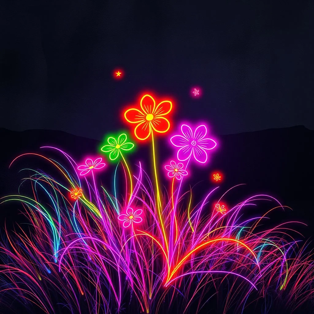 Dancing Colorful Neon Wild Flowers With Neon Grass Whirling Dark Grunge Rustic Hill Background.