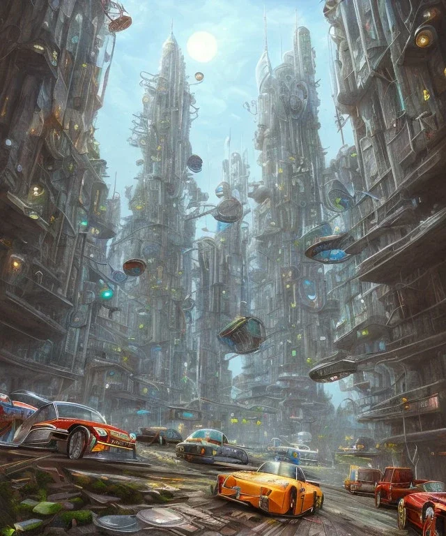 a cynerpunk city with flying cars