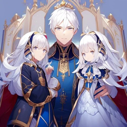 Twins, boy and girl, white hair, silver eyes, royal hall background