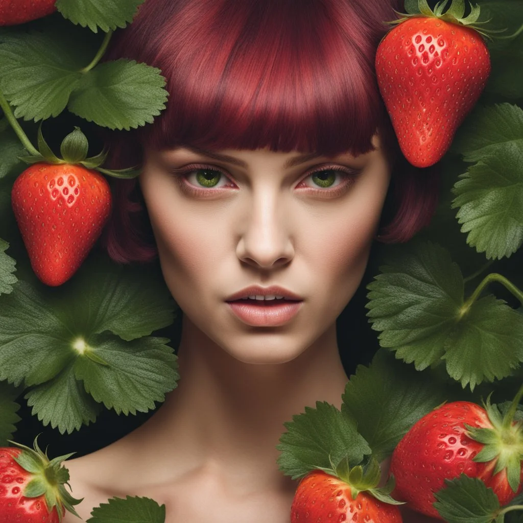 a young, extremely beautiful woman decomposing into a zombified strawberry with pixie-cut hair