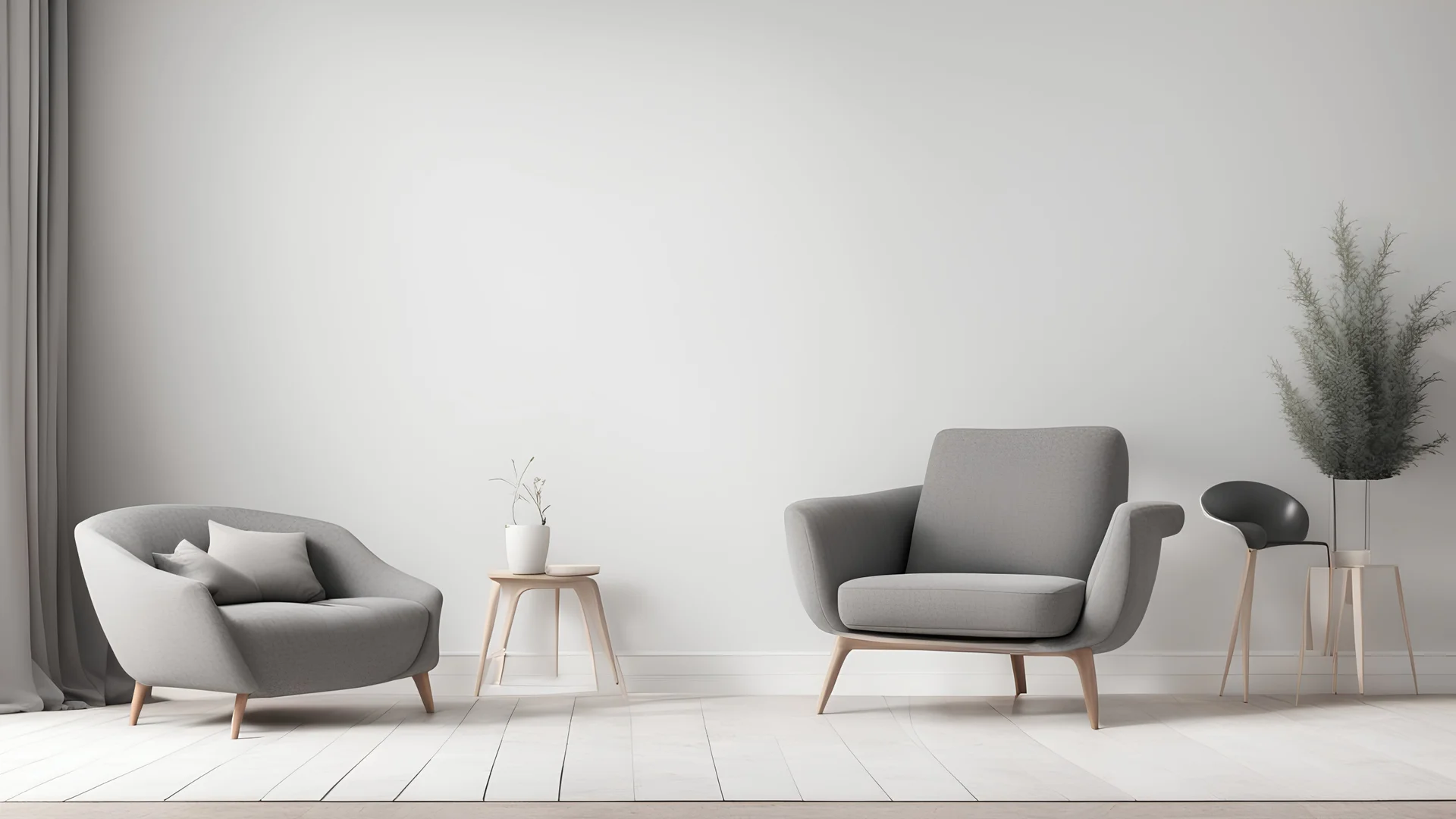 Scandinavian living room with gray armchair on empty white wall background. 3d rendering