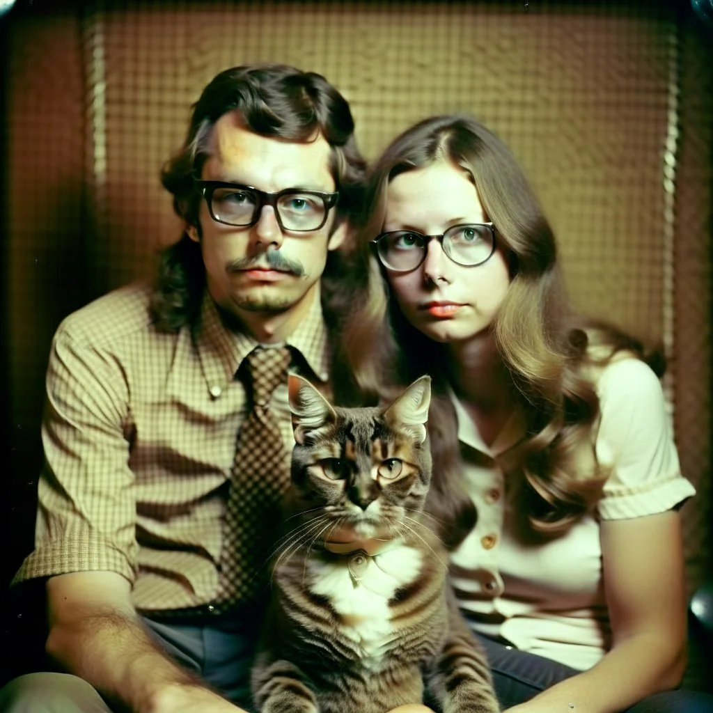 Awkward family portrait Photo with a man and a woman with ugly glasses, 30 years old sitting on chair, serious look, long 1960 hair and mustasch, polaroid camera photo, holding small cats