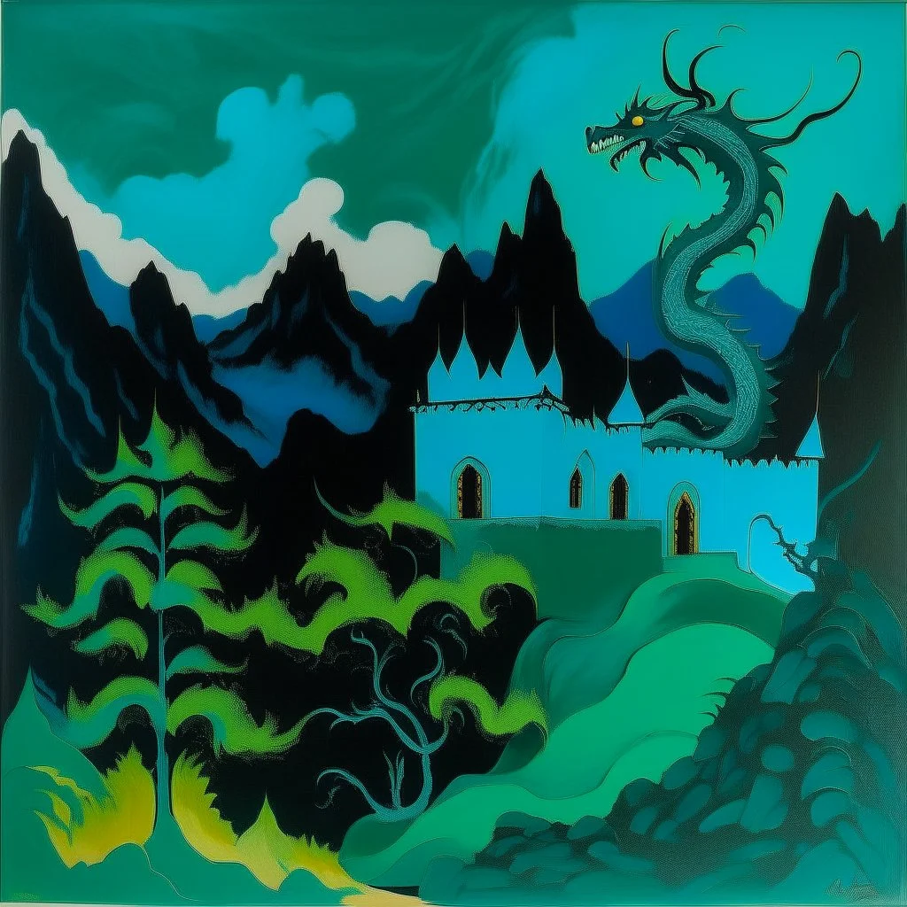 A dark teal Eastern castle on mountain with a lightning dragon painted by Henri Matisse