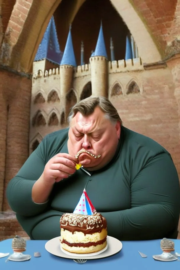 sad fat viktor orban eating cake in a castle