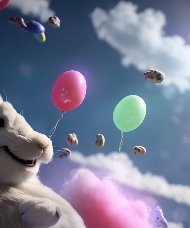 Ultra realistic speed clouds sky scene, wide angle view, childs falling down with many Childs background, rabbit head, inflatable monsters, circus dress style, feather color, free jumping flying, many trinkets, hair monster, many jelly beans, balls, color smoke, smile, happy, extreme, wind, clouds sea, 20,000 feet altitude, stratosphere, soft color, highly detailed, unreal engine 5, ray tracing, RTX, lumen lighting, ultra detail, volumetric lighting, 3d, finely drawn, high definition.