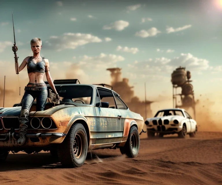 Realistic image. Mad max car. BMW 4 series, 2023 version. add mad max style woman standing in front of car. 4k resolution, intricate details, ornate details, soft lighting, vibrant colors, retroanime, futuristic cityscape background