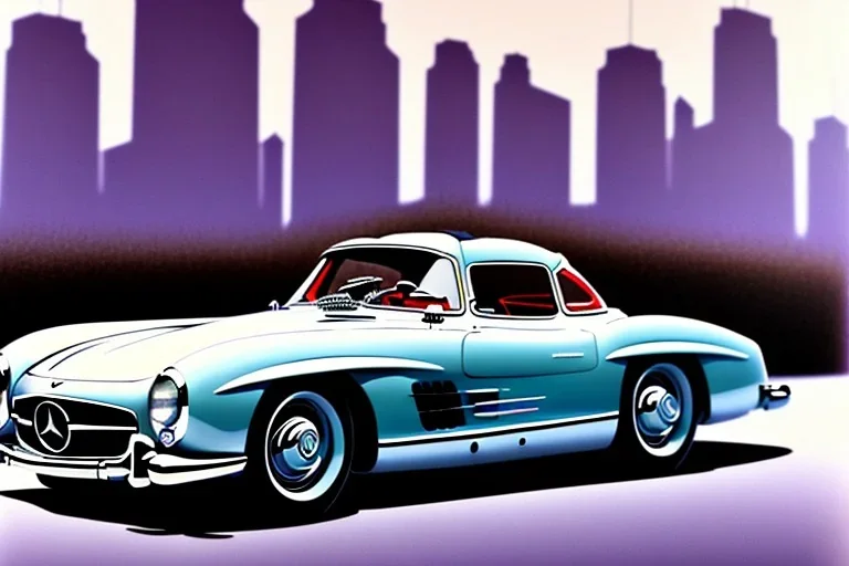 a true-to-life 1956 mercedes benz 300 sl roadster, centered, intricate, extreme detailed, photorealism, center view, city background, pivot on mercedes, pen and color marker painting by cheryl kelley