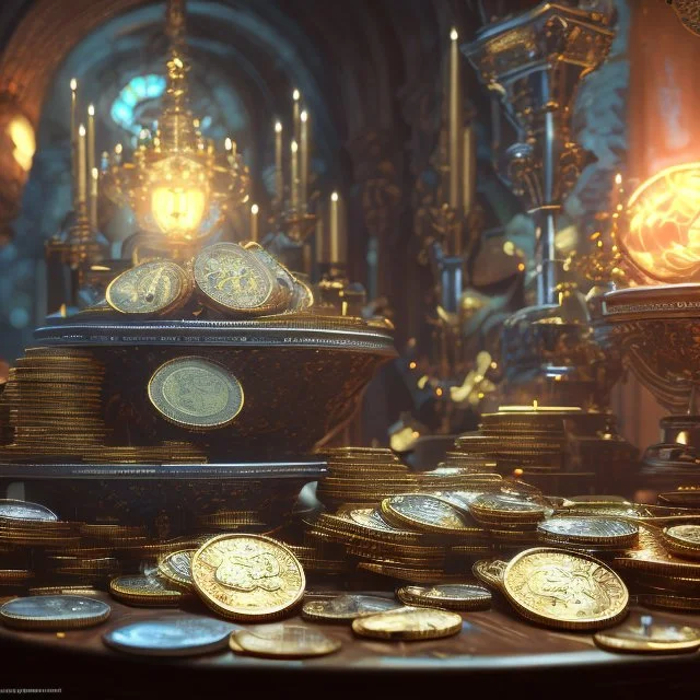 dynamic lighting, Intricately detailed, Splash screen art, deep color, Unreal Engine, volumetric lighting, silver coins, gold coins, silver treasure, stacked coins, indoors, altar, black table, sigil, shiny, garden, courtyard,