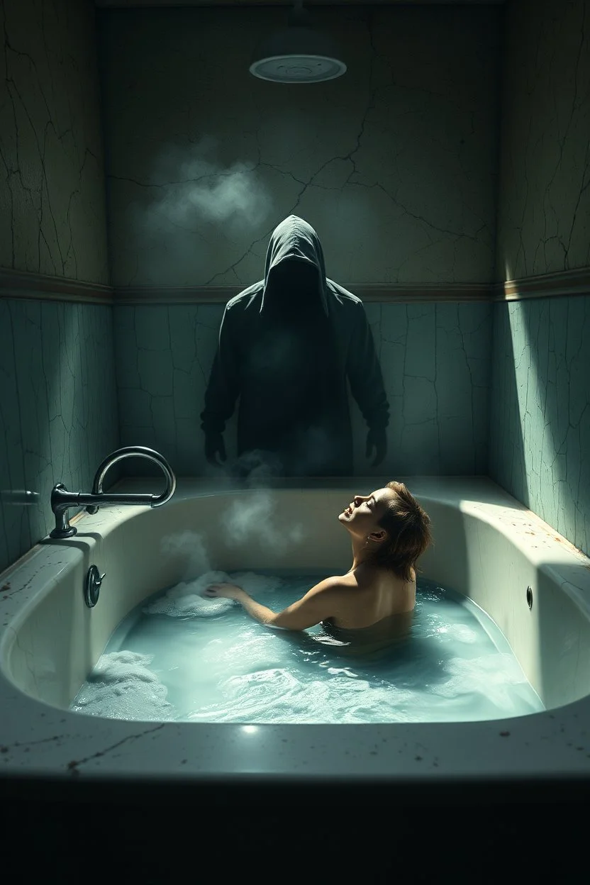 "A very old paints cracked abandoned bathroom , a woman taking a bath in a half full of water and fumes in the tub , a shadow of dark hooded creature standing in front of her and she opened her mouth screaming, insanely detailed octane render trending on artstation, 8k artistic photography, photorealistic concept art, soft natural volumetric cinematic perfect light, chiaroscuro, award-winning photograph, masterpiece, oil on canvas, Raphael, Caravaggio, Greg Rutkowski, people, beksinski, Giger