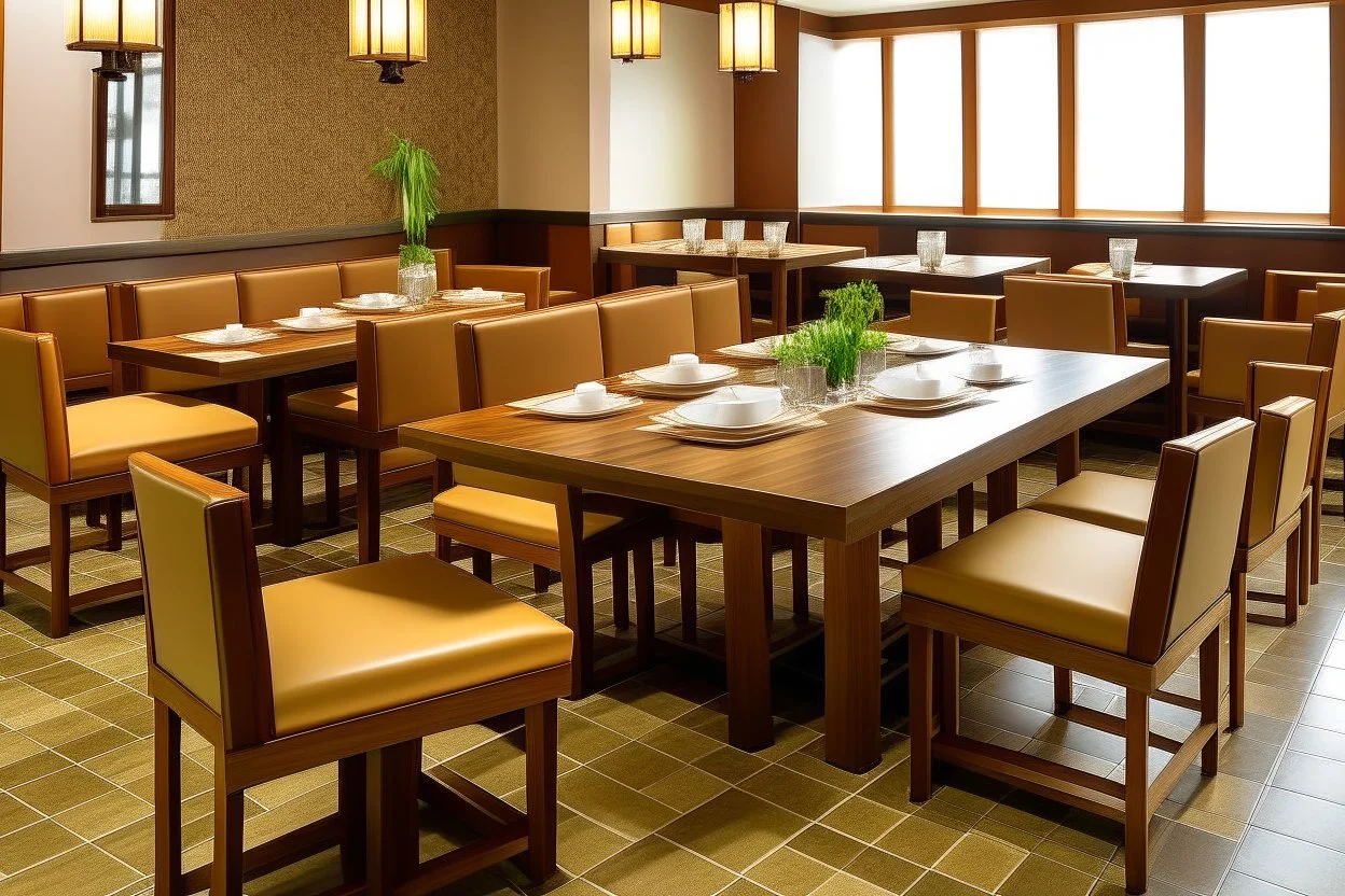 Dining tables in a restaurant. The table is square in shape and there are four chairs on it. There are 10 tables in the restaurant, and the walls, floor and furniture are brown.