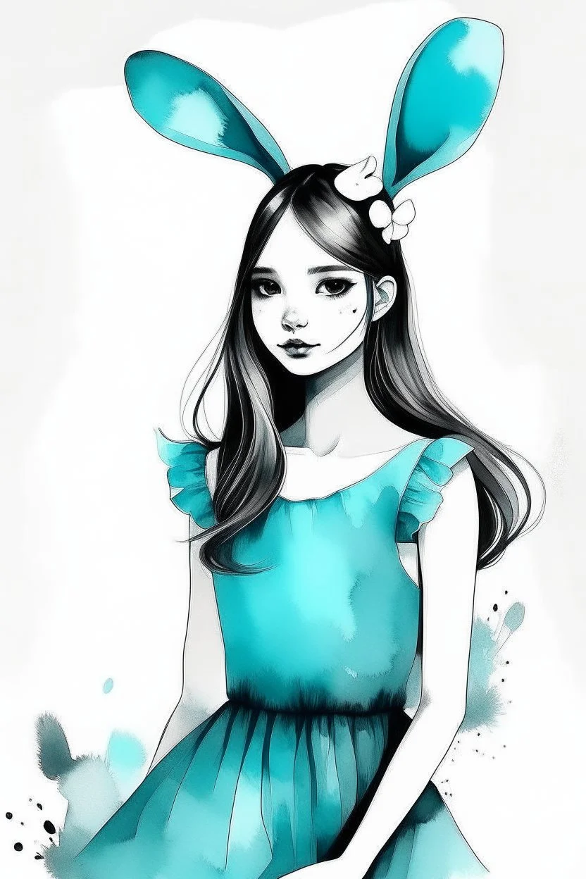 Watercolor black and white with cyan dress bunny ears girl