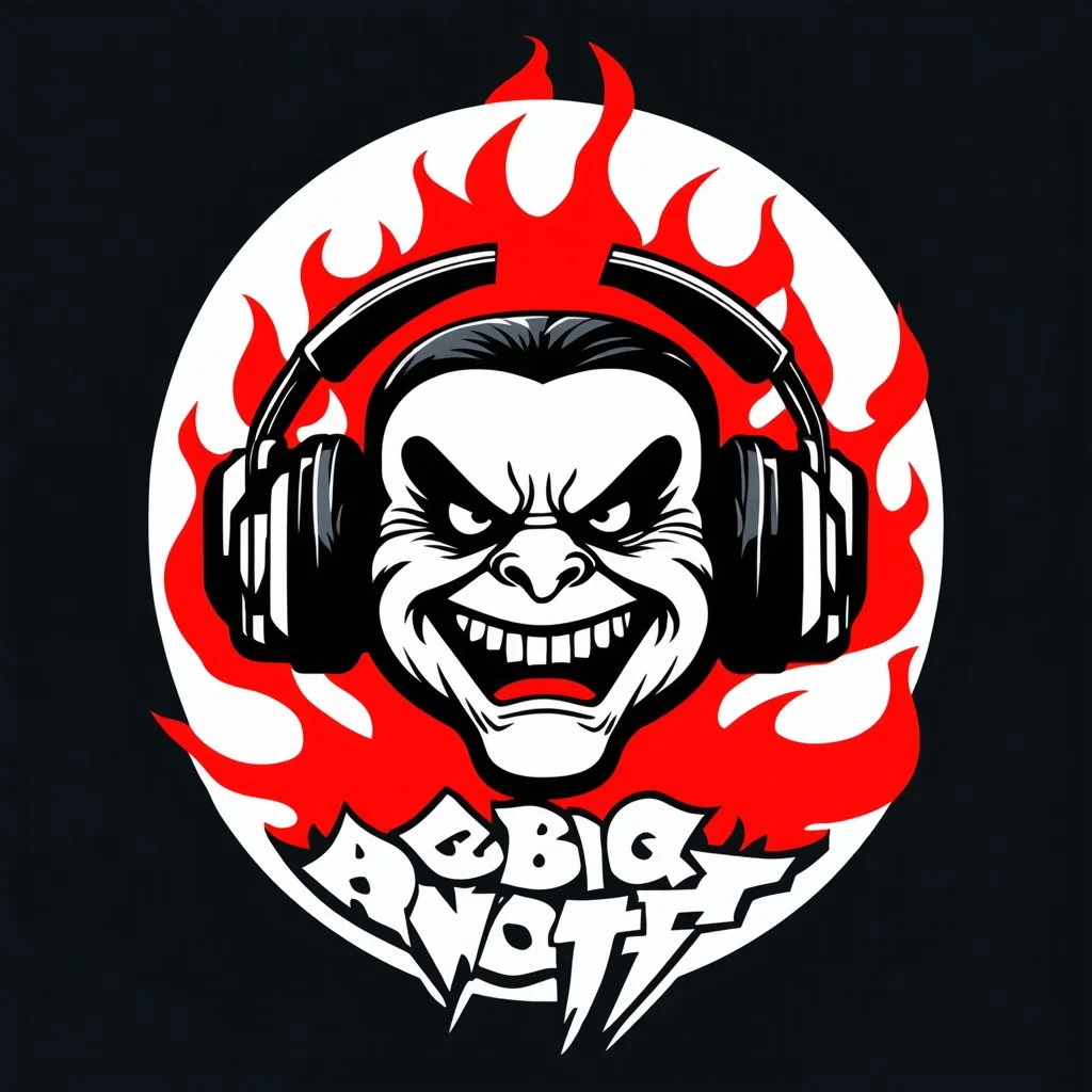 A minimalist logo for a rock band inspired by the styles of Ed 'Big Daddy Roth, graffiti art. sinister, evil marshmallow head caricature with headphones breathing red flames. The background is dark.