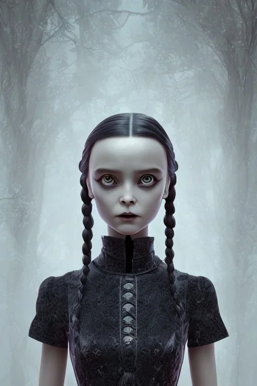 Portrait de Wednesday Addams , hdr, très réaliste , très intriqué, très détaillé , très précis 16k, angle parfait, figure de cinéma, arrière plan d'une gare de chemin de fer, octane effect, rendering 3d, unreal engine, cinema 4d