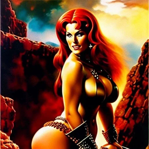 portrait oil on canvas, beautiful booty busty Red Sonja, minimal armor,comic book cover, mystical colors,insanely detailed,realistic,intrincate detail, 16k resolution, masterpiece,Frank Frazetta,Alex Horley, Simon Bisley,