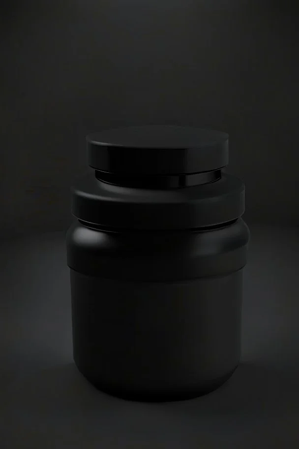 black container, plastic, realism, with screw lid, no labels, round container, view from the front, protein powder, dark studio setting, black background