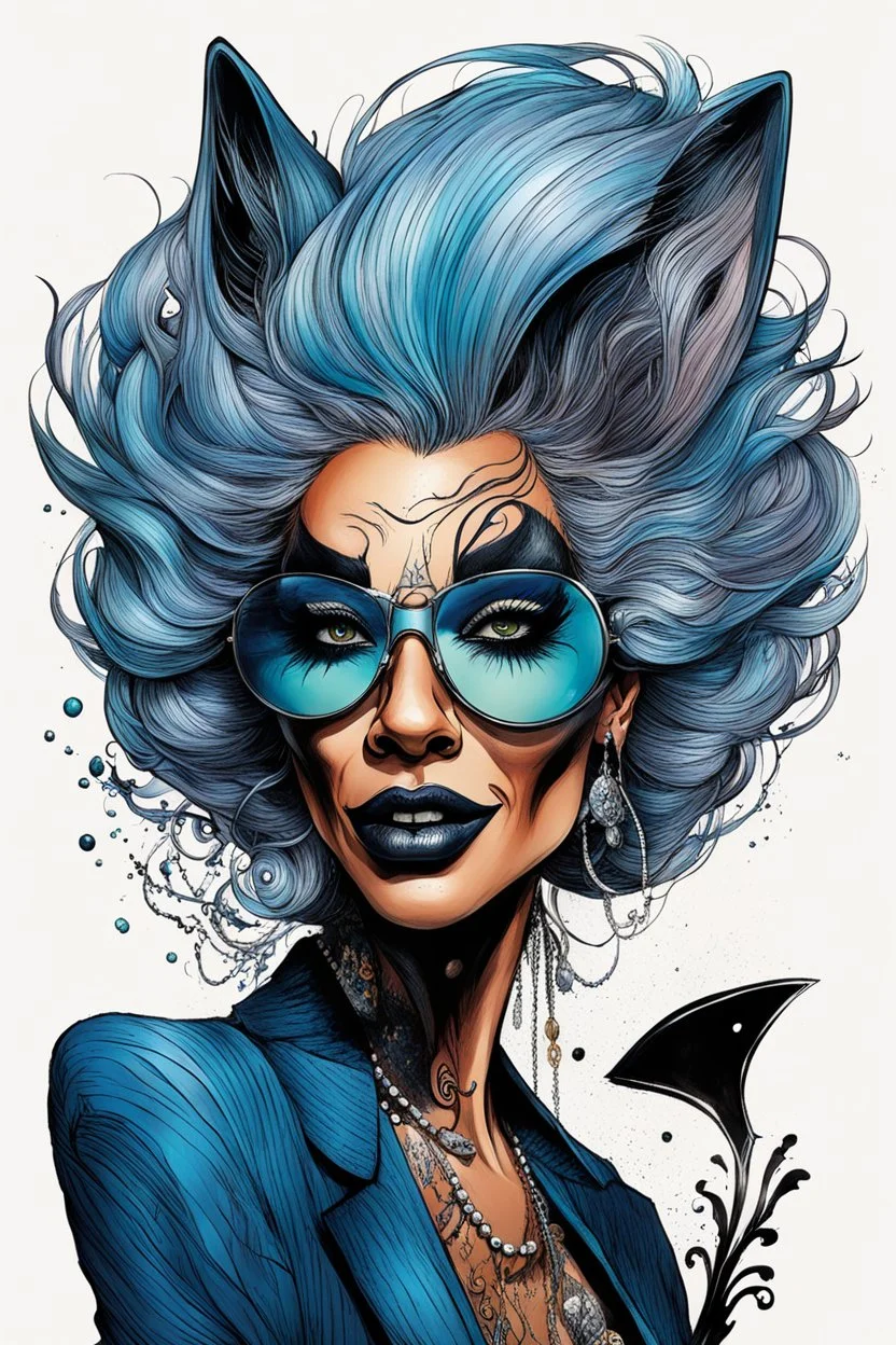 highly detailed full color, caricature concept illustration of a seductive female Silver Fox Blues singer , maximalist, sharp focus, highest resolution, in the styles of Ralph Steadman, Al Hirschfeld, and Alex Pardee, , boldly inked, 8k, coarse, gritty textures