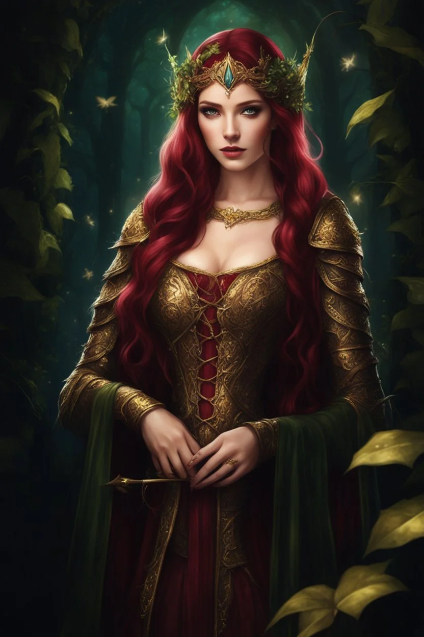 Burgundy hair, dark hair,dark red , rapunzel hair,very long hair,dark fairy princess,elven crown,night,dragonflies,beautiful,ong ashes,golden armor ,sparkle,night blooming,ivy,dark green,lilly of valley,golden elven crown,elven warrior,dark gold armor,extremely long hair