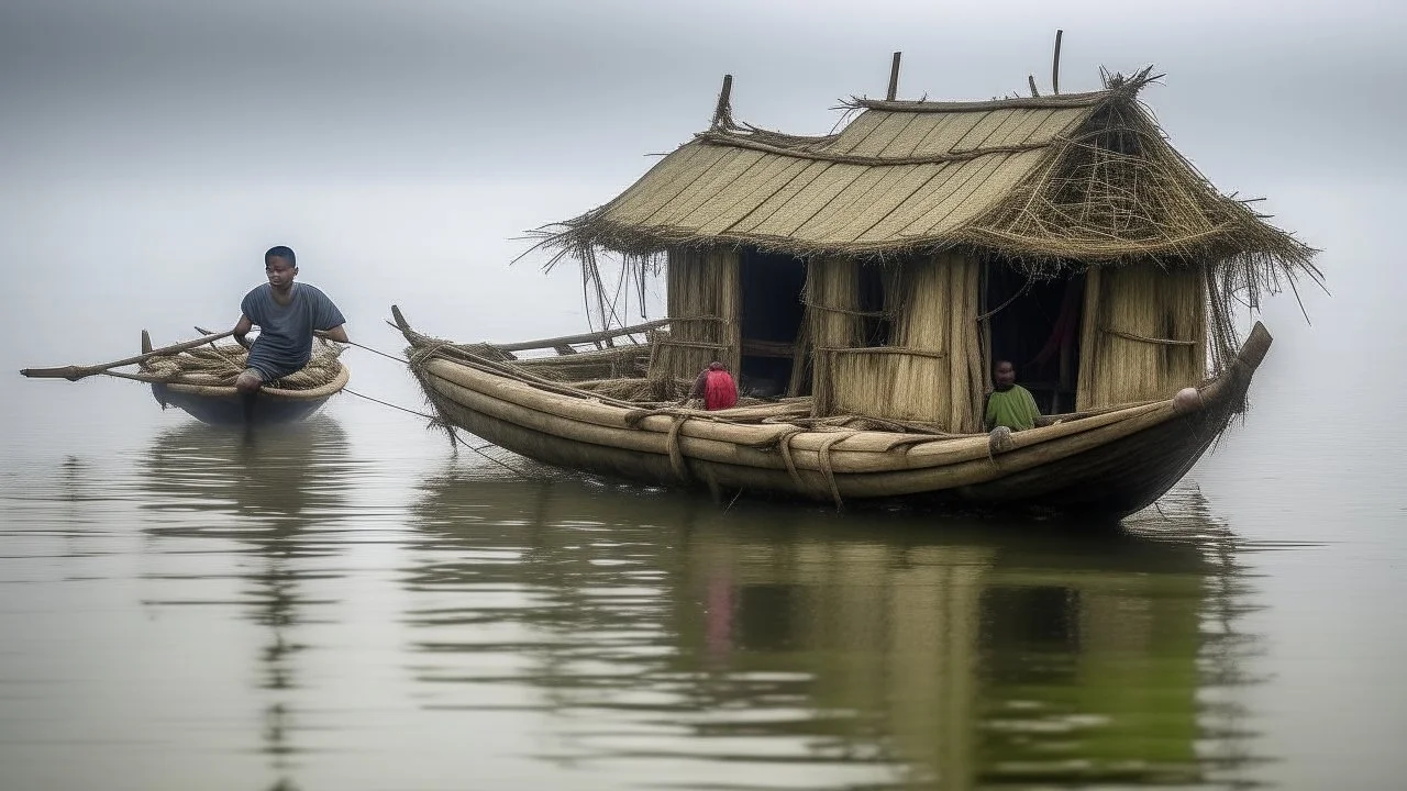 A floating house on Tonle Sap Lake, Cambodia, constructed from bamboo and recycled materials, with local fishermen in traditional boats nearby during a cloudy morning.