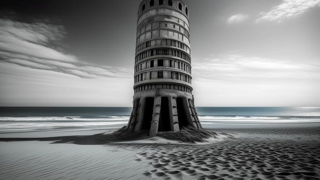 A black and white photograph captures a surreal scene on a beach, dominated by a tall, cylindrical structure reminiscent of a tower, leaning at a precarious angle. The tower is made of a rough, textured material, possibly concrete or stone, and is punctuated by numerous rectangular openings that resemble windows. The beach is sandy, with visible windswept patterns, and the ocean stretches to the horizon, churned by waves. The sky is filled with dramatic, swirling clouds, which contribute to the
