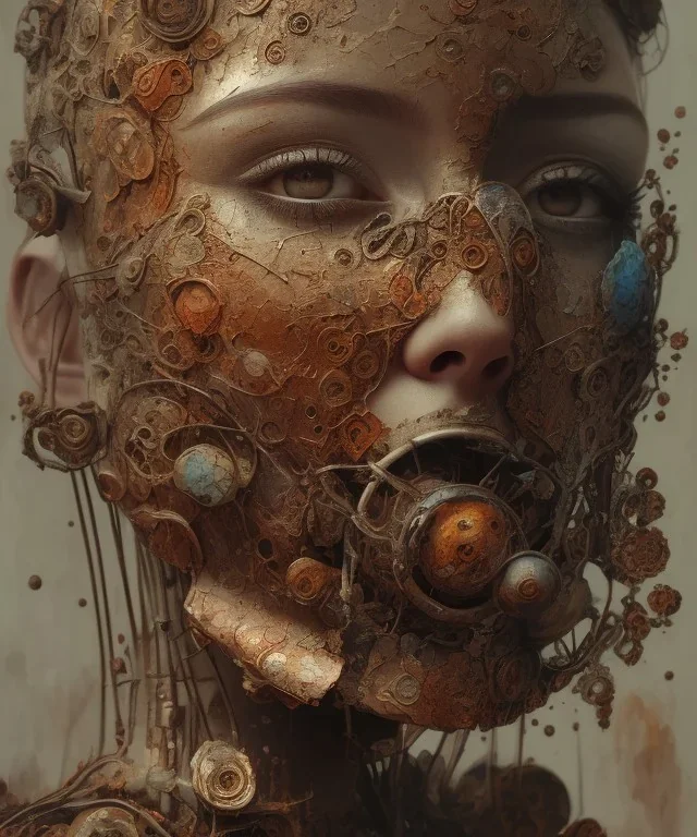 an abstract painting of rusted metal and flowers, portrait, rust, scaffolding, iron cladding, decay, mixed media, textured, anatomically correct, beautiful perfect face, sharp focus, highly detailed