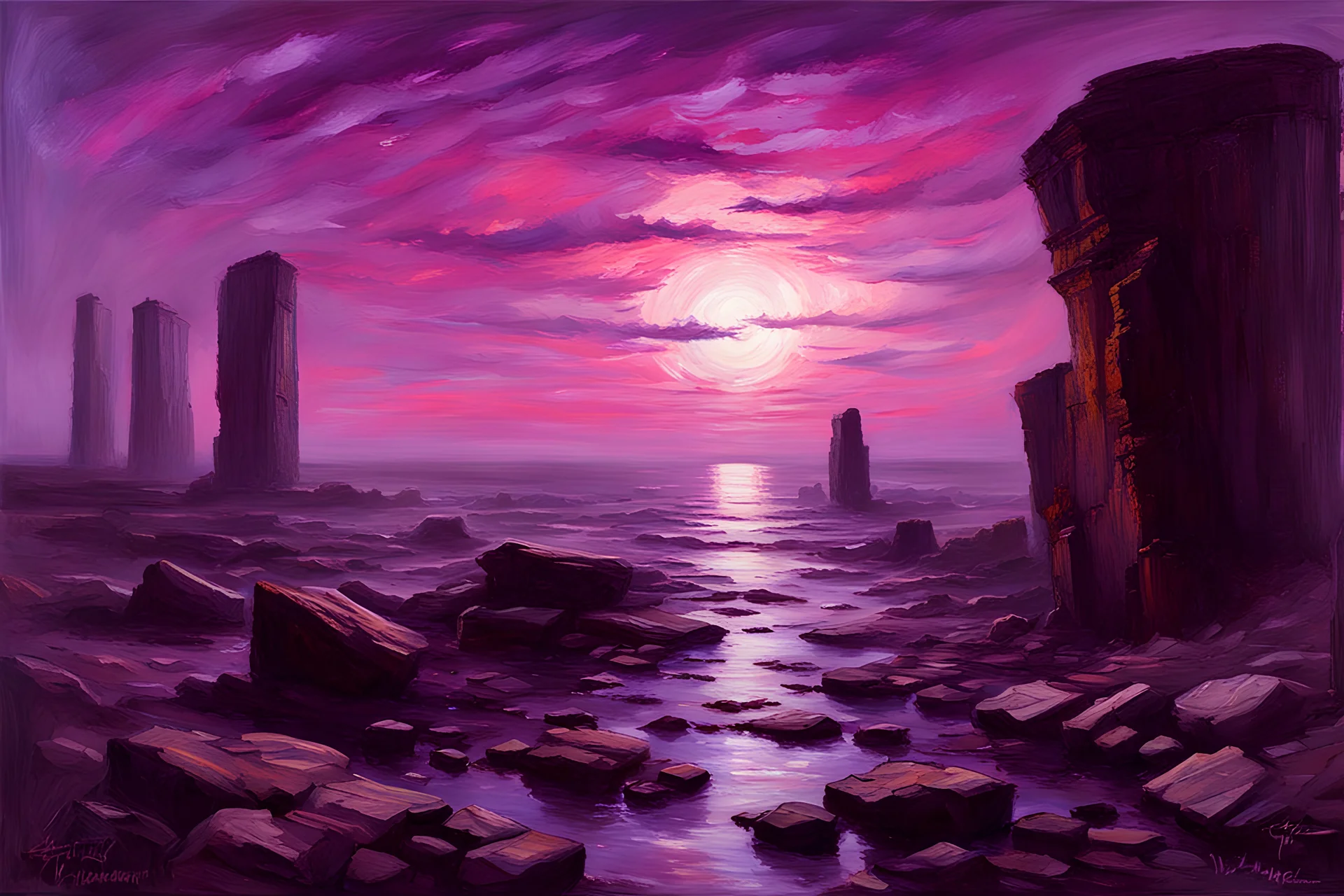 Purple sky, rocks, cliffs, sci-fi, rodolphe wytsman and friedrich eckenfelder impressionism paintings