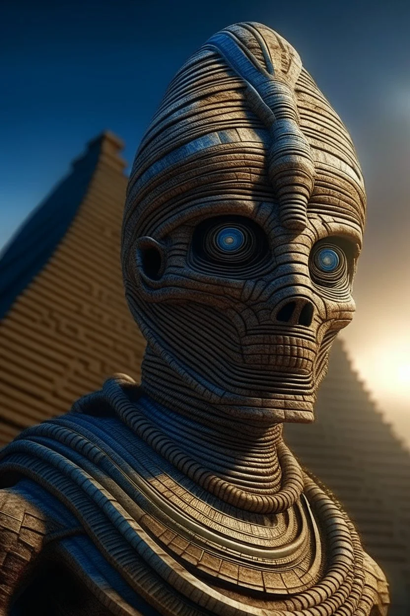 portrait of mummy robot, Egyptians with the hair standing straight up in front of pyramid of Babel. 4 k, down light, depth of field, trending art, spray paint, high detail, fantasy art, alien connection, future tech