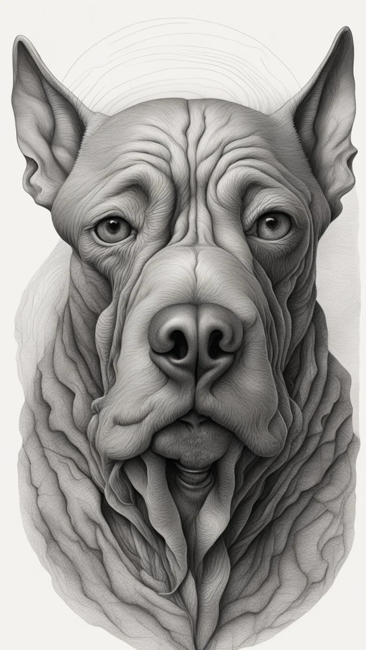 𝙋𝙧𝙤𝙢𝙥𝙩 highly detailed graphite illustration, A dog face with exaggerated anatomical features, heavily wrinkled skin, and an intense, contemplative expression. bald head, thick eyebrows, long beard merge into swirling abstract shapes. Large, expressive hands, one covering the mouth and the other gripping the forehead tensely. Mysterious, introspective, dreamlike, somewhat dark fantasy. #𝙙𝙧𝙚art #prompt
