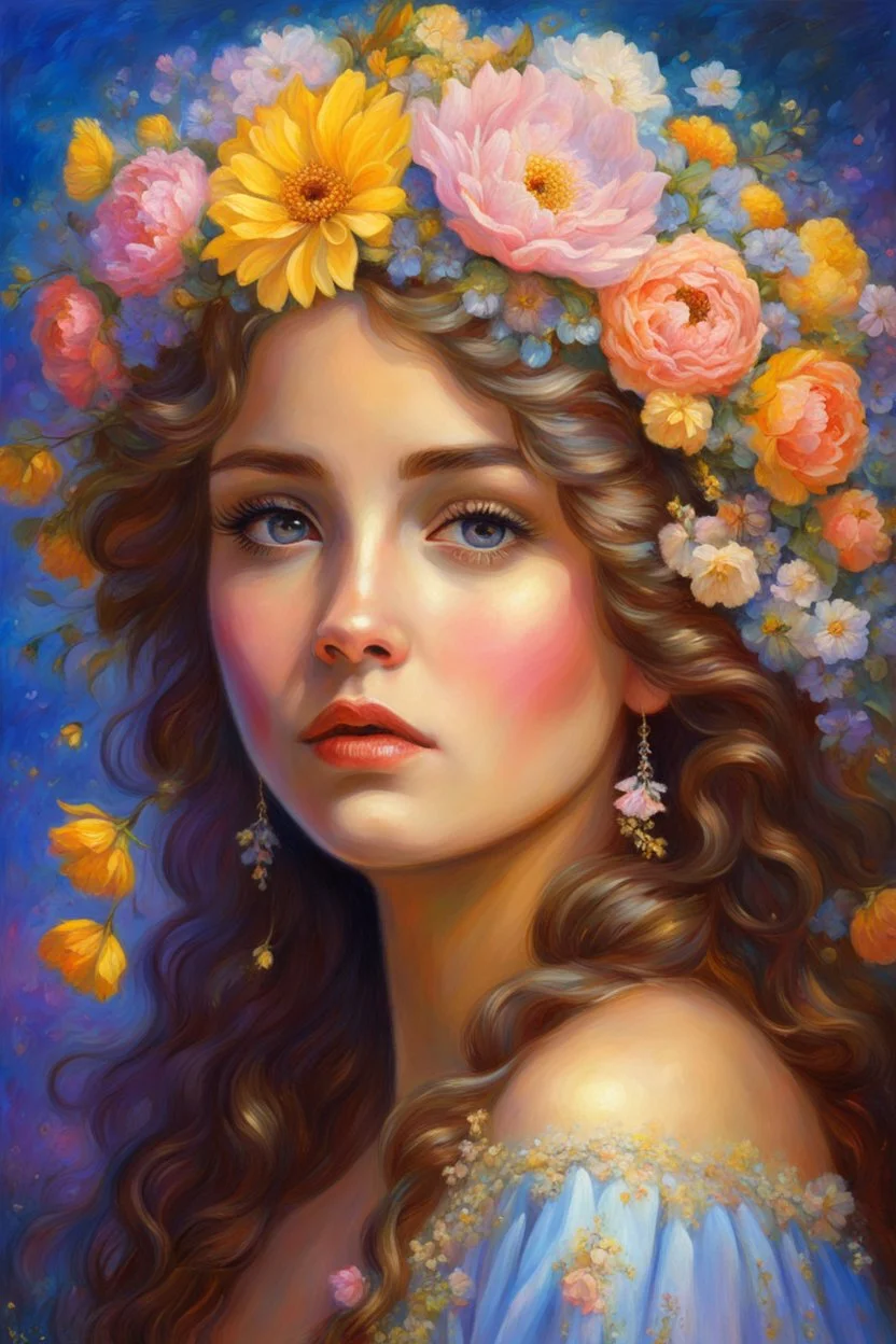 a painting of a woman with flowers in her hair, beautiful fantasy art portrait, beautiful fantasy portrait, realistic cute girl painting, beautiful fantasy painting, by Victor Nizovtsev, beautiful portrait oil painting, portrait of fairy princess, in stunning digital paint, portrait painting of a princess, gorgeous painting, floral crown girl, detailed beauty portrait, girl in flowers