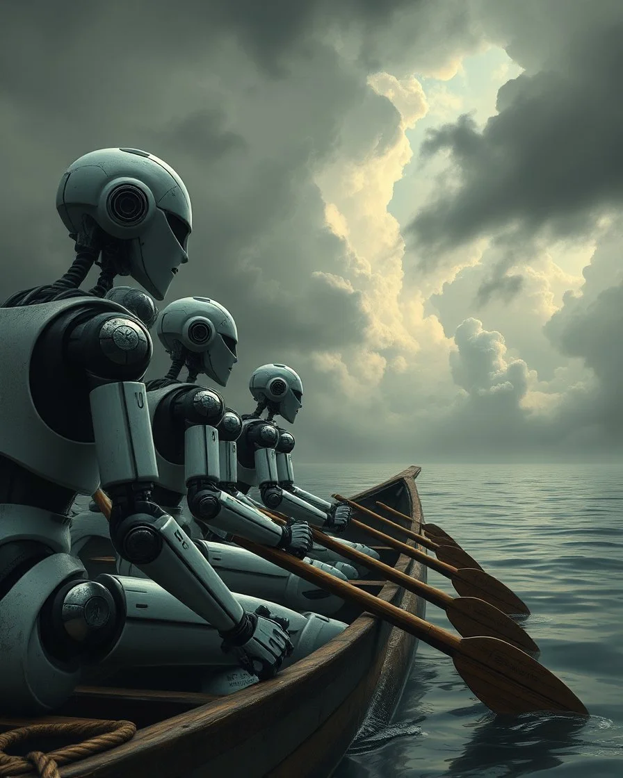 Bosch painting style, nightmare , an Ai robots sitting lined up in line one after another holding The boat's oars , great quality picture with cinematic scenes , heavy clouds in the background