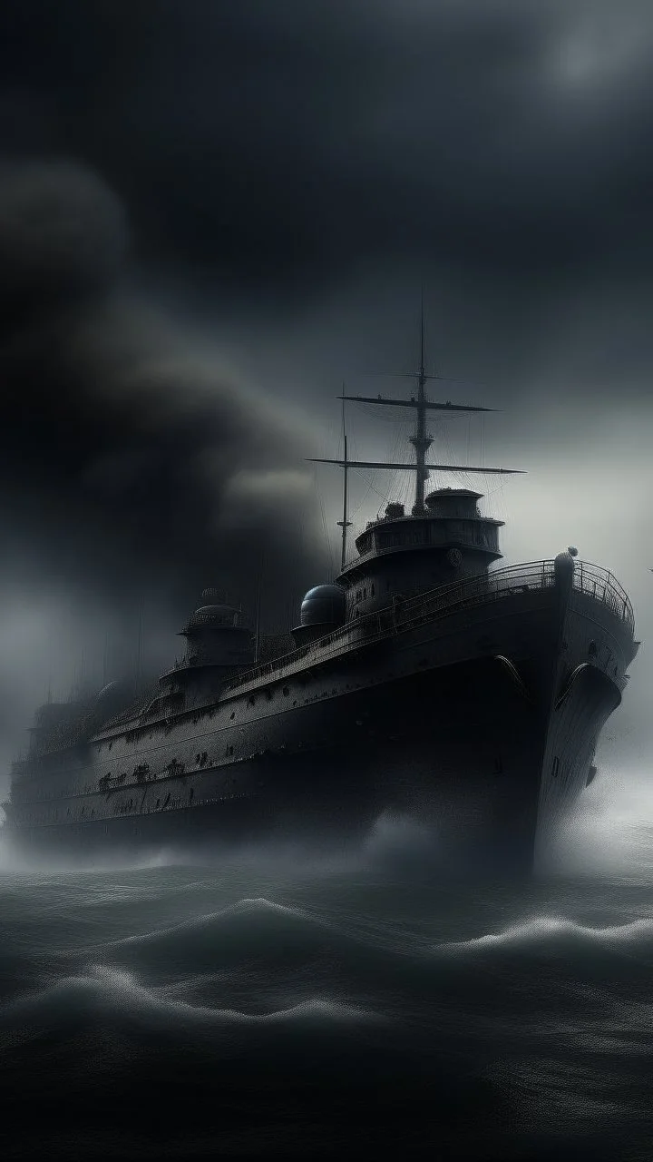 ,surrealism of the dark of a nightmare , hyper photorealistic, hyper detailed gray art color, high resolution, fog, octane render, tilt shift, HDRI Environment, all pictures dark gray, a torpedo hitting a ship