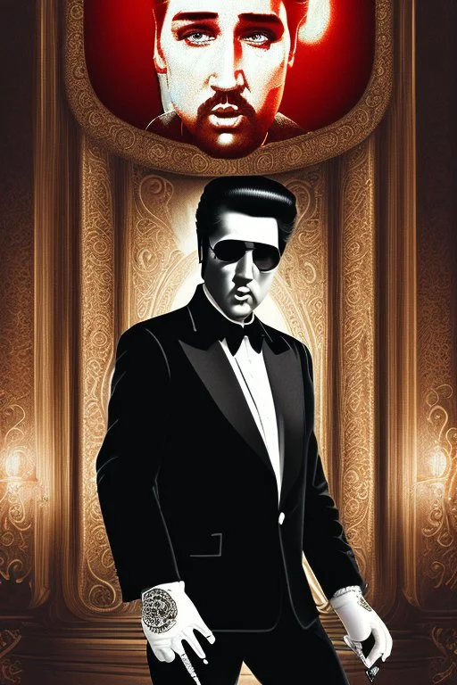 elvis as the mafia godfather wearing gloves, balcony on casino top floor, 4k, trending art, weird perspective, realism, spray paint, detailed