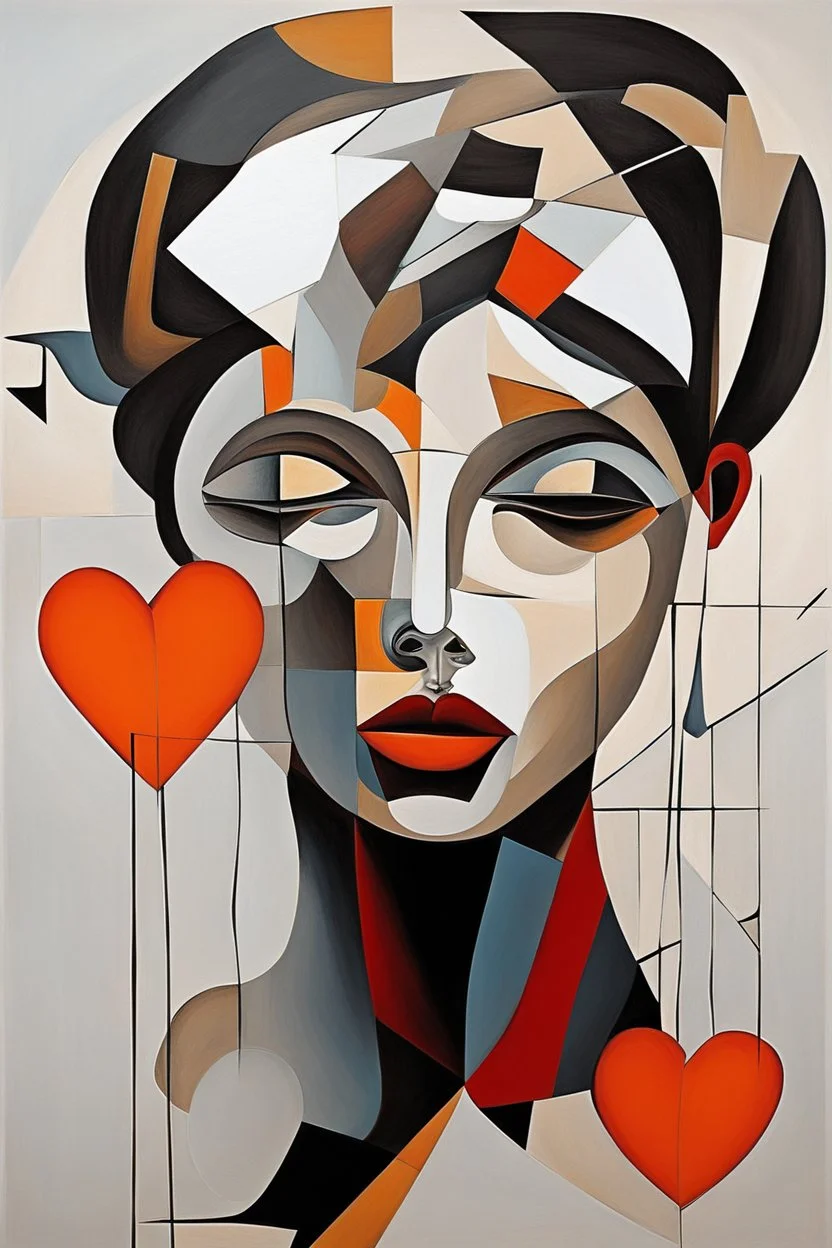 Abstract painting of a woman with a broken heart. Abstract art that does not represent an accurate depiction of visual reality, communicating instead through lines, shapes, colors, forms and gestural marks, perfect composition, cubism style