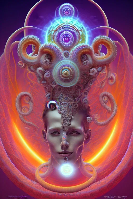 Spiritual being with Tentacles over human Head creating reality around, wrapping Spiral around Human, Psychedelic