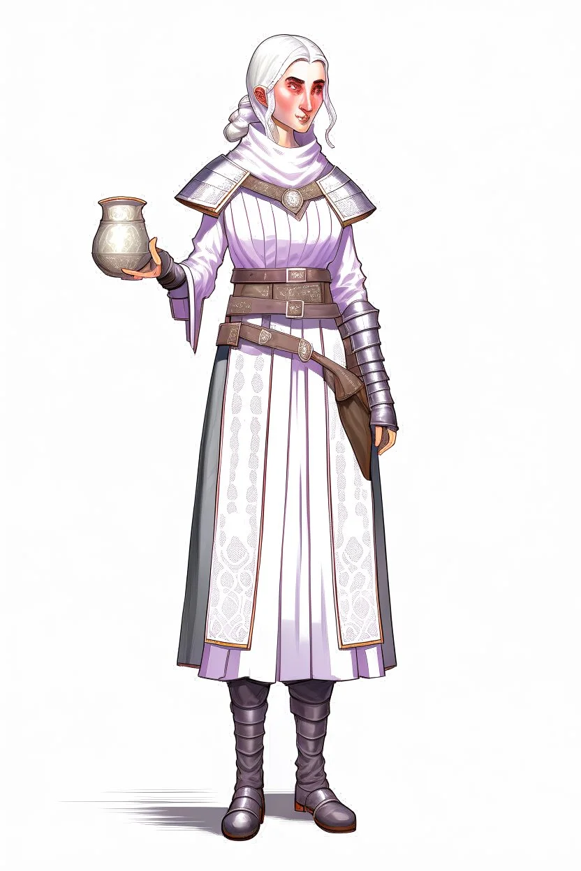 full length, female human cleric healer wearing scale mail