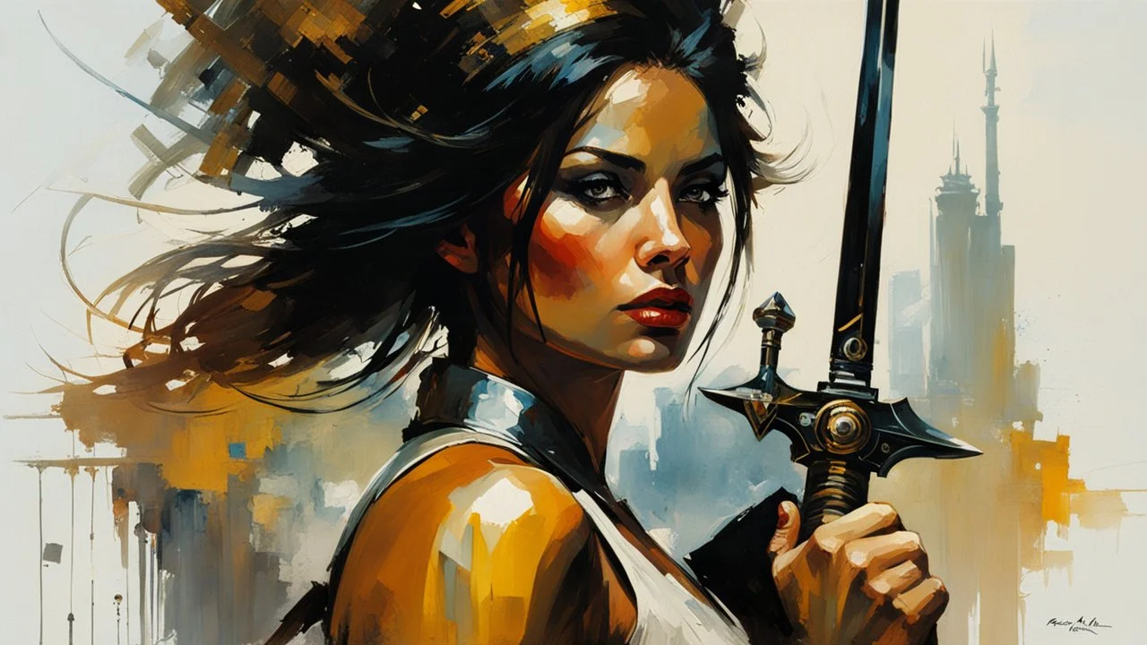 portrait of a woman warrior, fist, weapon :: Robert McGinnis + Jeremy Mann + Carn Griffiths + Leonid Afremov, clear contours, detailed