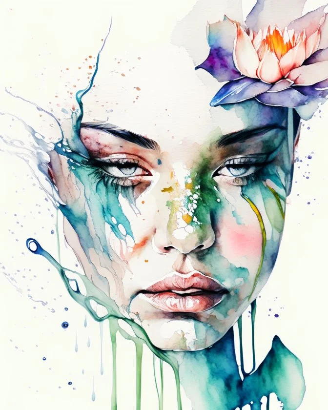 a hand-drawn watercolor painting of a woman's face with waterlily warped around the face like a snake, with a splash of mixed colors on a white background, sharp detail