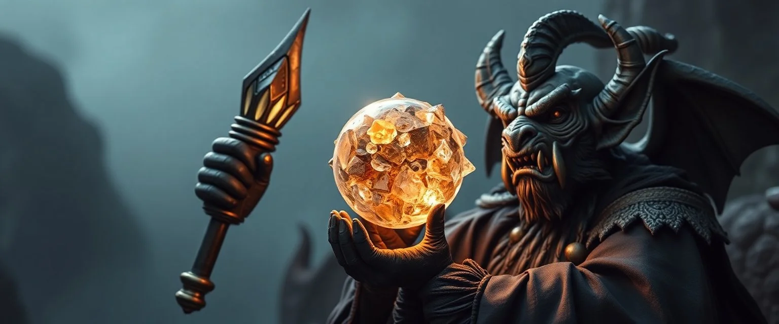 dark dwarf gargoyle gremlin sceptre mining expert expert holding up a radiant Painite crystal rosette ball
