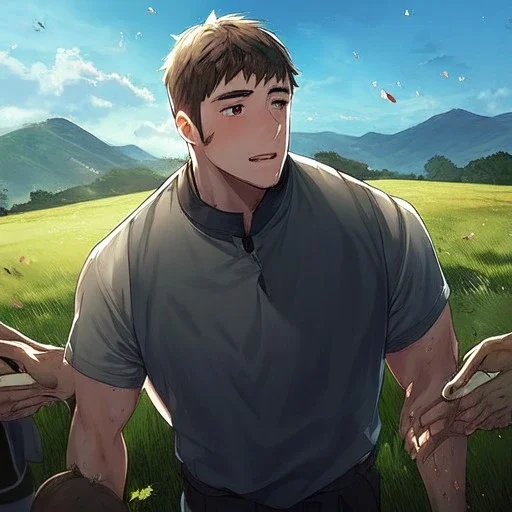 Boy cradling wounded girl, field and hills background