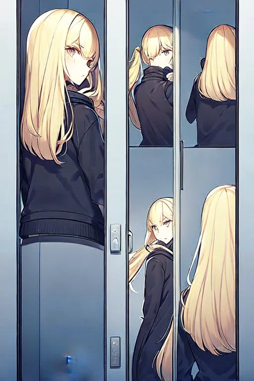 blonde girl with two tails in her hair and a jacket runs in a corridor, back view, line arts, manga style