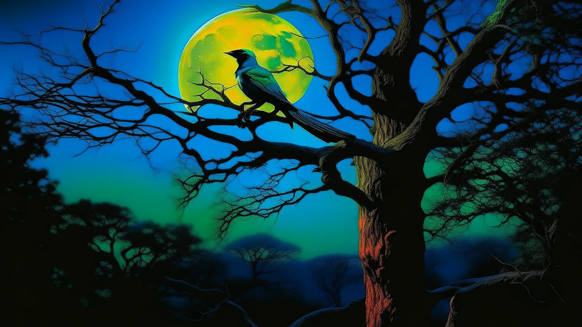 A vibrantly colored bird with blue, orange, and green plumage sits perched on a thick, textured tree branch. The branch is part of a larger, gnarled tree that dominates the left side of the frame. In the background, a large, luminous full moon hangs in a misty, twilight sky, with silhouetted trees forming a dense forest. Small, glowing lights are scattered throughout the branches and the background, adding a magical, ethereal quality to the scene. Two birds are in silhouette, flying near the moo