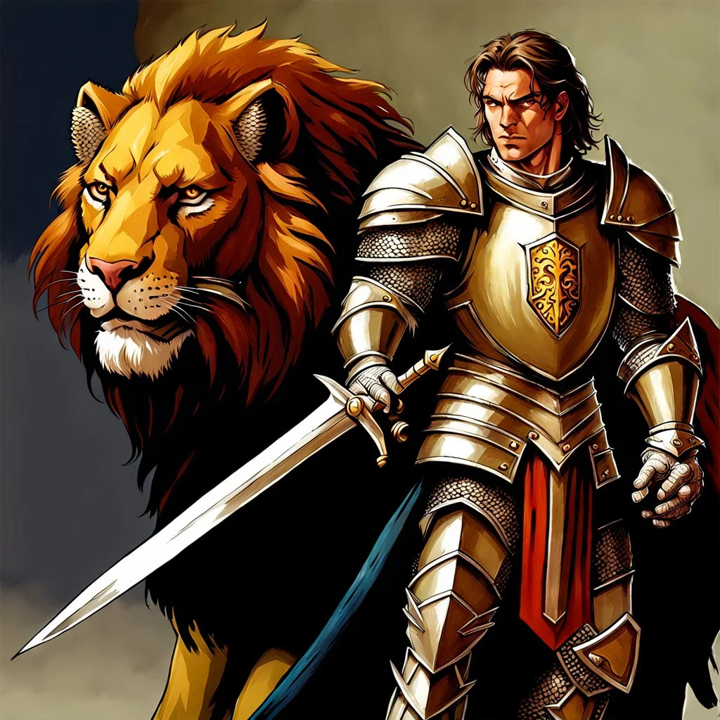 90's fantasy tcg art male knight with lion armor