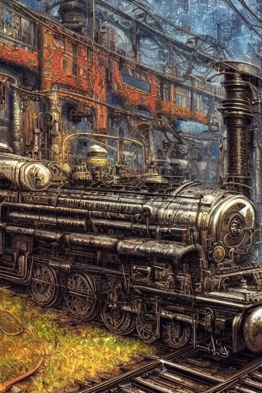 Insanely detailed intricately detailed meticulously detailed hyperdetailed cyberpunk, technopunk, steampunk train on a train track, high contrast, blurry Impressionist landscape background textured paint, luminism, hyperrealism, fine art CorporateMemphis