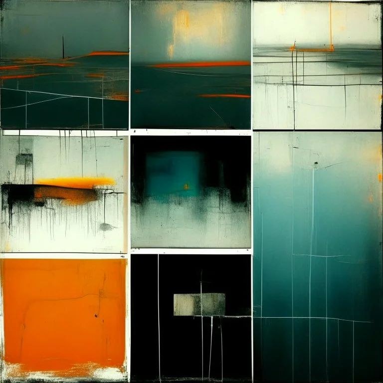 Minimal abstract oil paintings of a desolate 1960. Orange wires. On the floor are concrete fragments and road markings . In the dark mysterious style of Justin Mortimer and Francis Bacon. Triadic colours